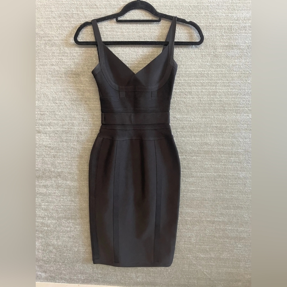 House of CB Belice Dress Size XS Black Bandage Exposed Zipper Stretch LBD
